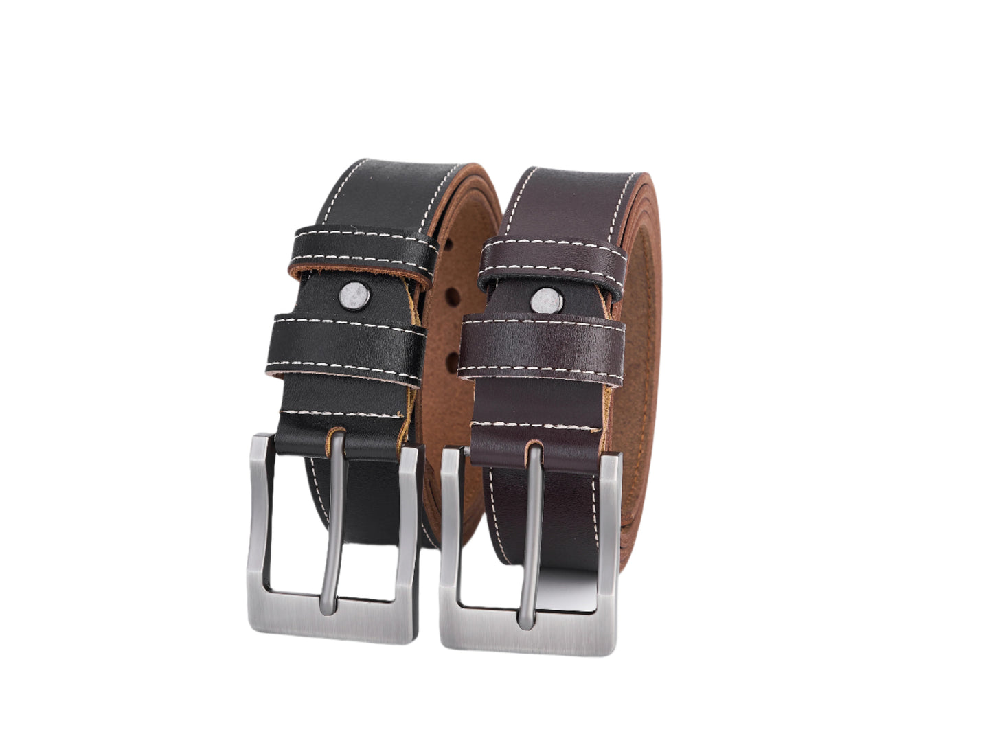 2 Stuks - Splitleer Riemen met Witte Stiksels - Volledig Leer - Zwart & Bruin - Duurzaam - Lederen Broekriem - Riemen Heren