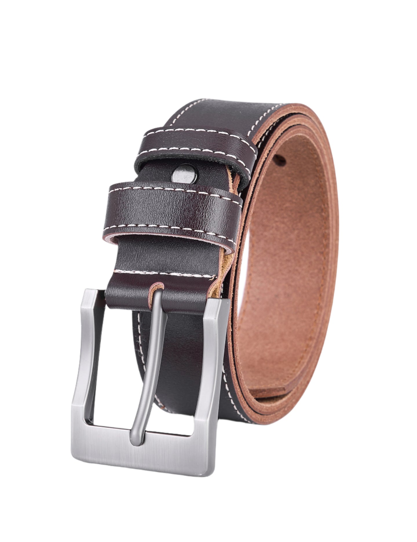 Splitlederen Riemen met Witte Stiksels - Bruin - Duurzaam - Volledig Leer - Lederen Broekriem - Riemen Heren