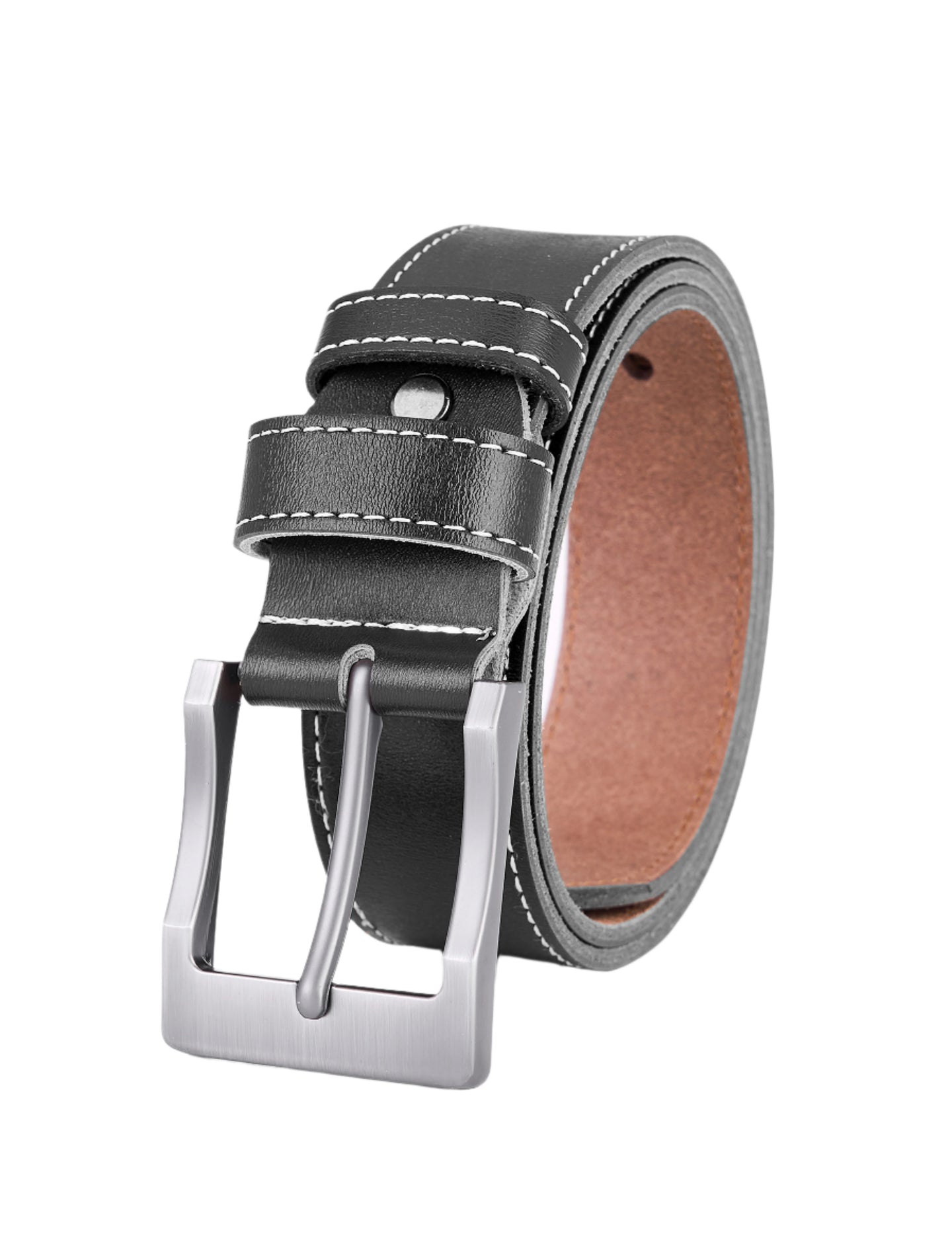 Splitlederen Riemen met Witte Stiksels - Zwart - Duurzaam - Volledig Leer - Lederen Broekriem - Riemen Heren