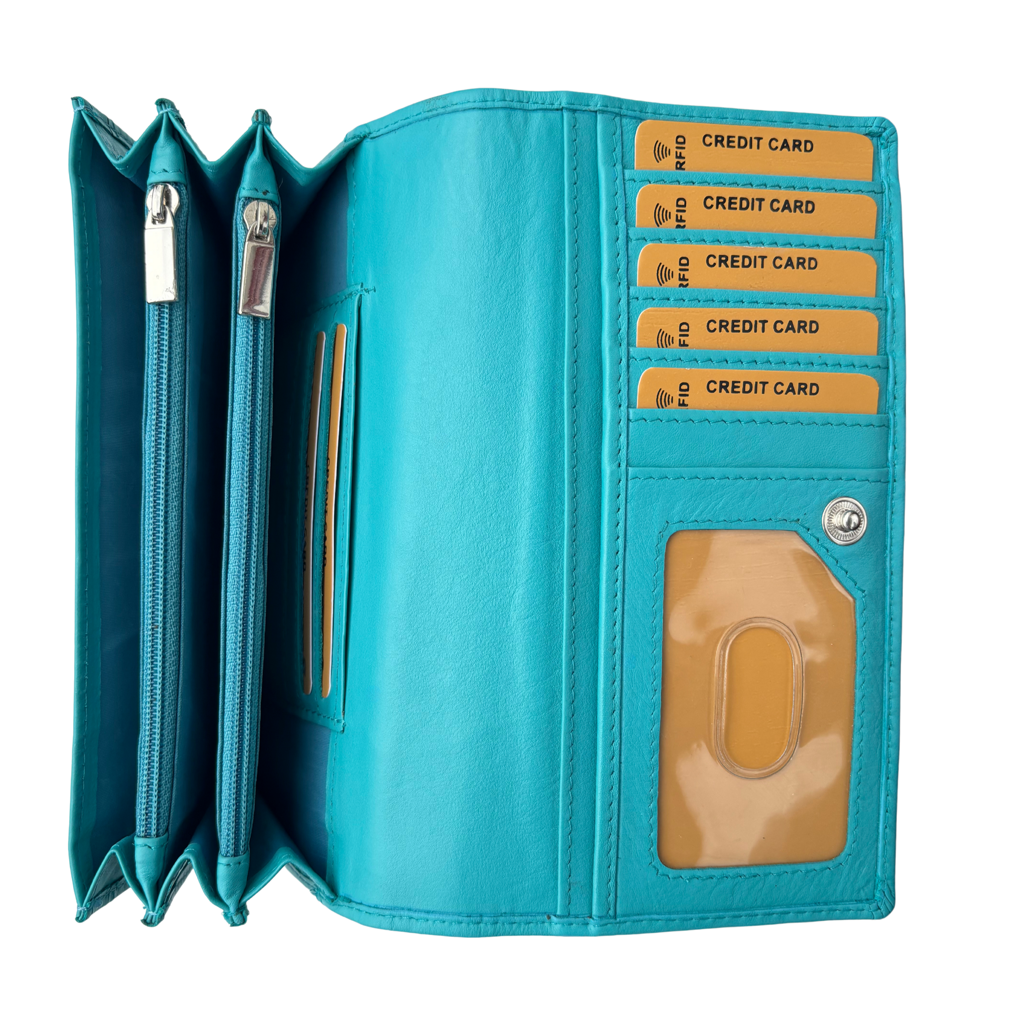 Luxe Portemonnee Dames RFID / Anti Skim - Buffelleer - Blauw - Dames Portemonnee - Volledig Leer - Portefeuille Dames RFID