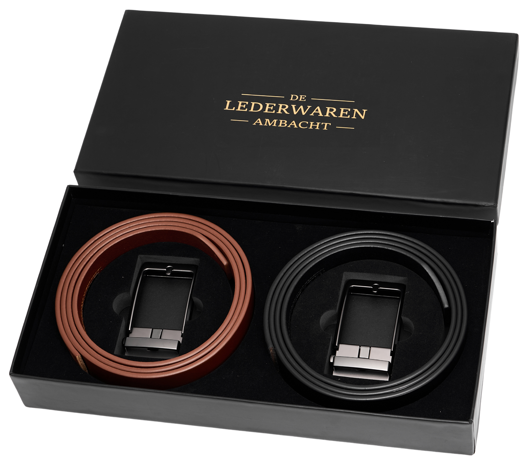 Automatische Leren Riem Heren – 2 Stuks – 100% Rundleer – Zonder Gaatjes – Verstelbaar Maat 90 t/m 135 – Zwart & Cognac